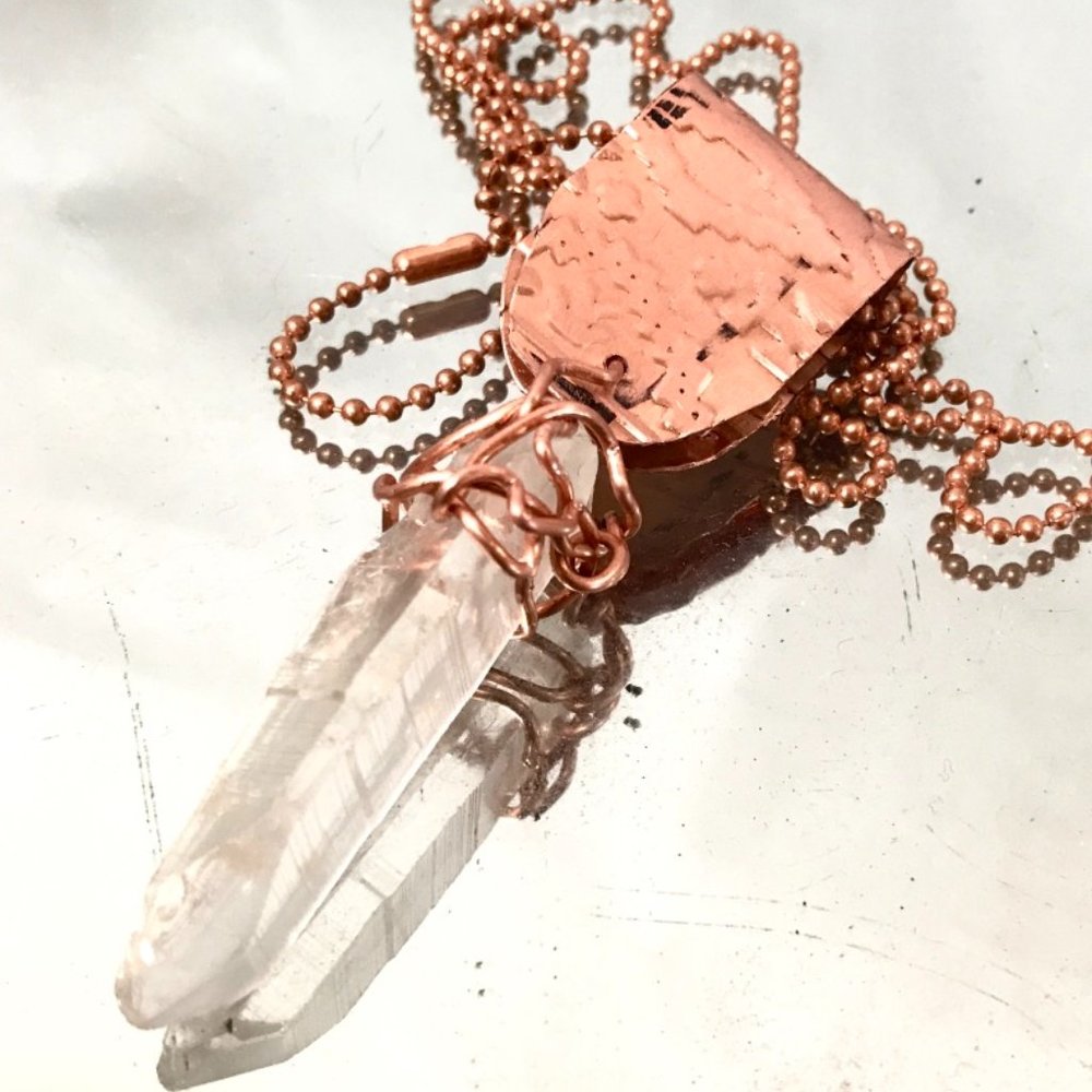 Lemurian Quartz Crystal Copper Choker Pendant Handmade Rustic Wire Wrapped - Picture 3 of 16